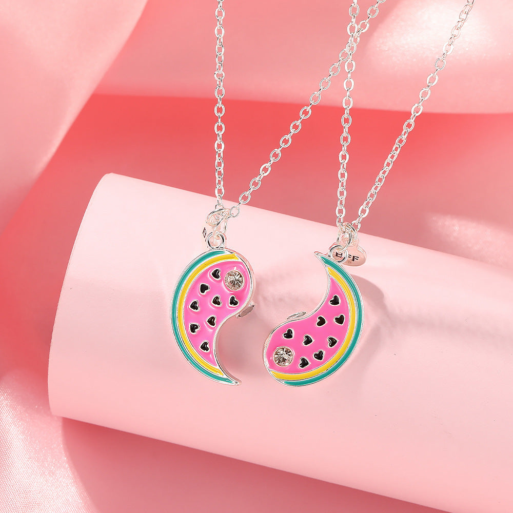 Ins Cute Cartoon Watermelon Necklace for Kids – Magnetic Rhinestone Pendant BFF Bestie Choker Chain