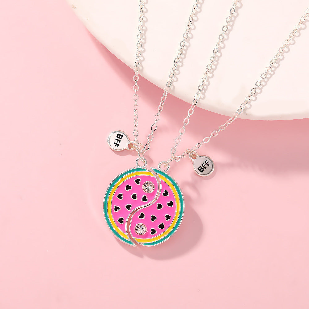 Ins Cute Cartoon Watermelon Necklace for Kids – Magnetic Rhinestone Pendant BFF Bestie Choker Chain